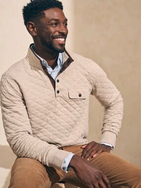 Faherty Epic Quilted Fleece Pullover Oatmeal Melange Small